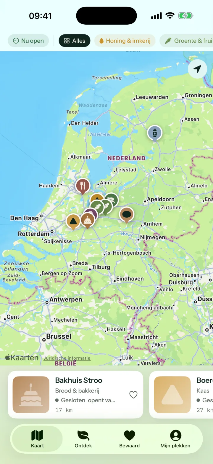 De kaart van Biolocal met producenten in Nederland